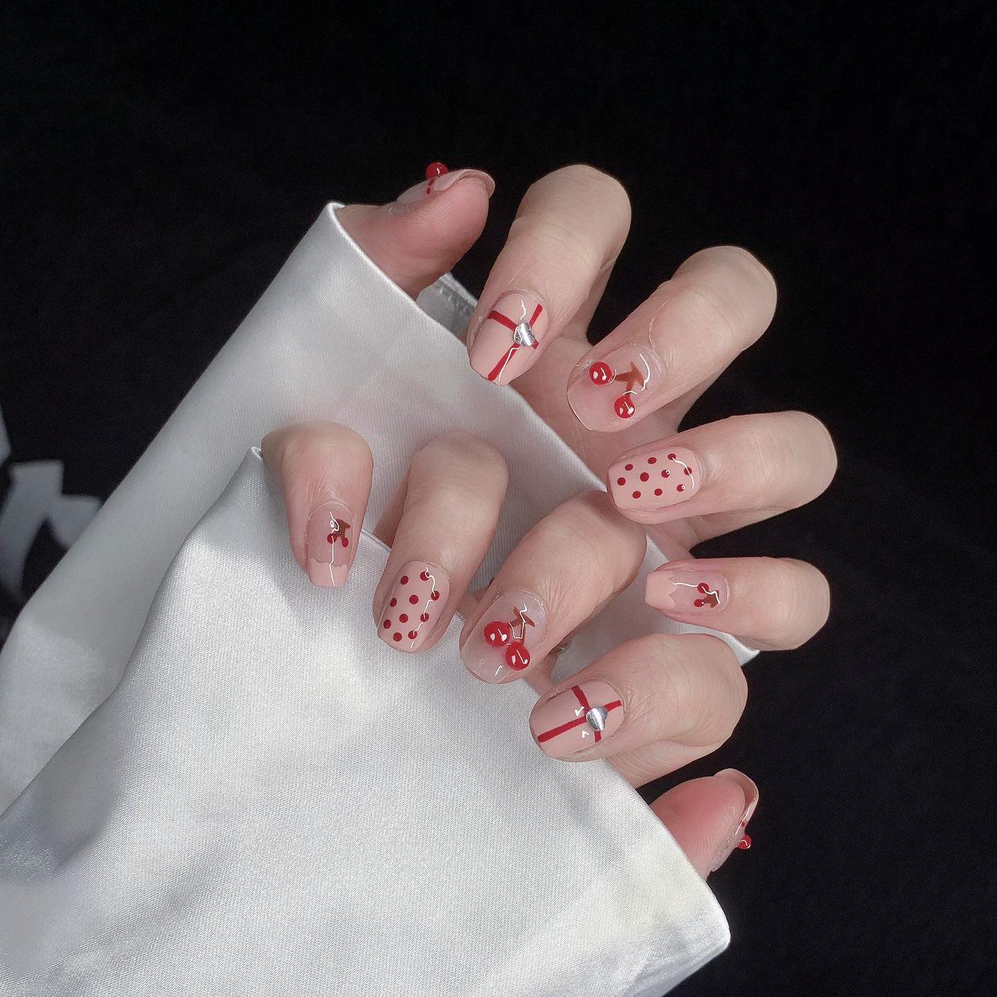 Press on nails cute cherry nails polka dot handmade press on nails gel nails extra short nails