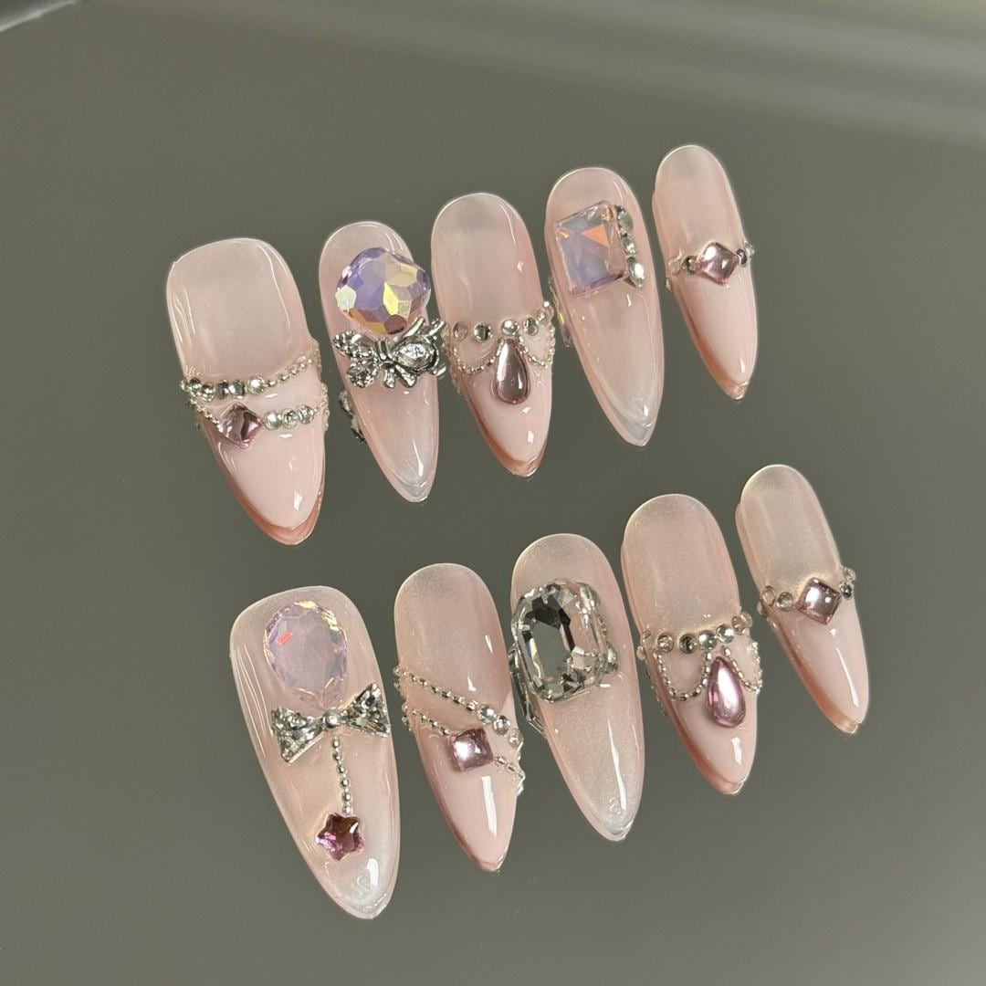 Luxury princess nails diamond press on nails pink handmade nails gel nails long nails stiletto gentle nail