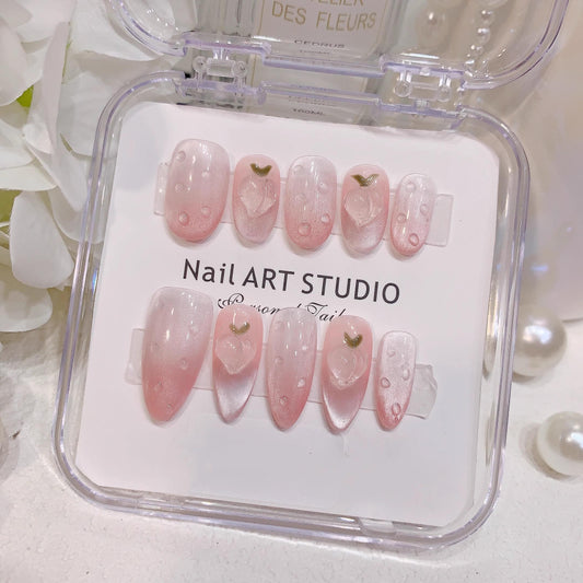 Summer nails 3D peach pink cheeked blusher handmade nails gel nails press on nails short oval&medium almond