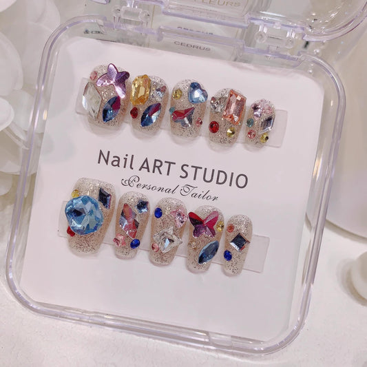 Clear colorful diamond handmade nails translucent press on nails gel nails full diamond extra short&short coffin butterfly