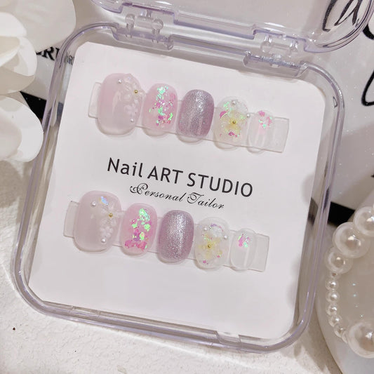 Little cute daisy flower pink cat eye nails handmade press on nails gel nails short sqaure oval fake nails