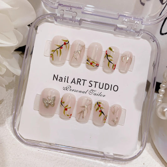 Summer nails gold brach butterfly handmade nails press on nails gel nails extra short simple nail art