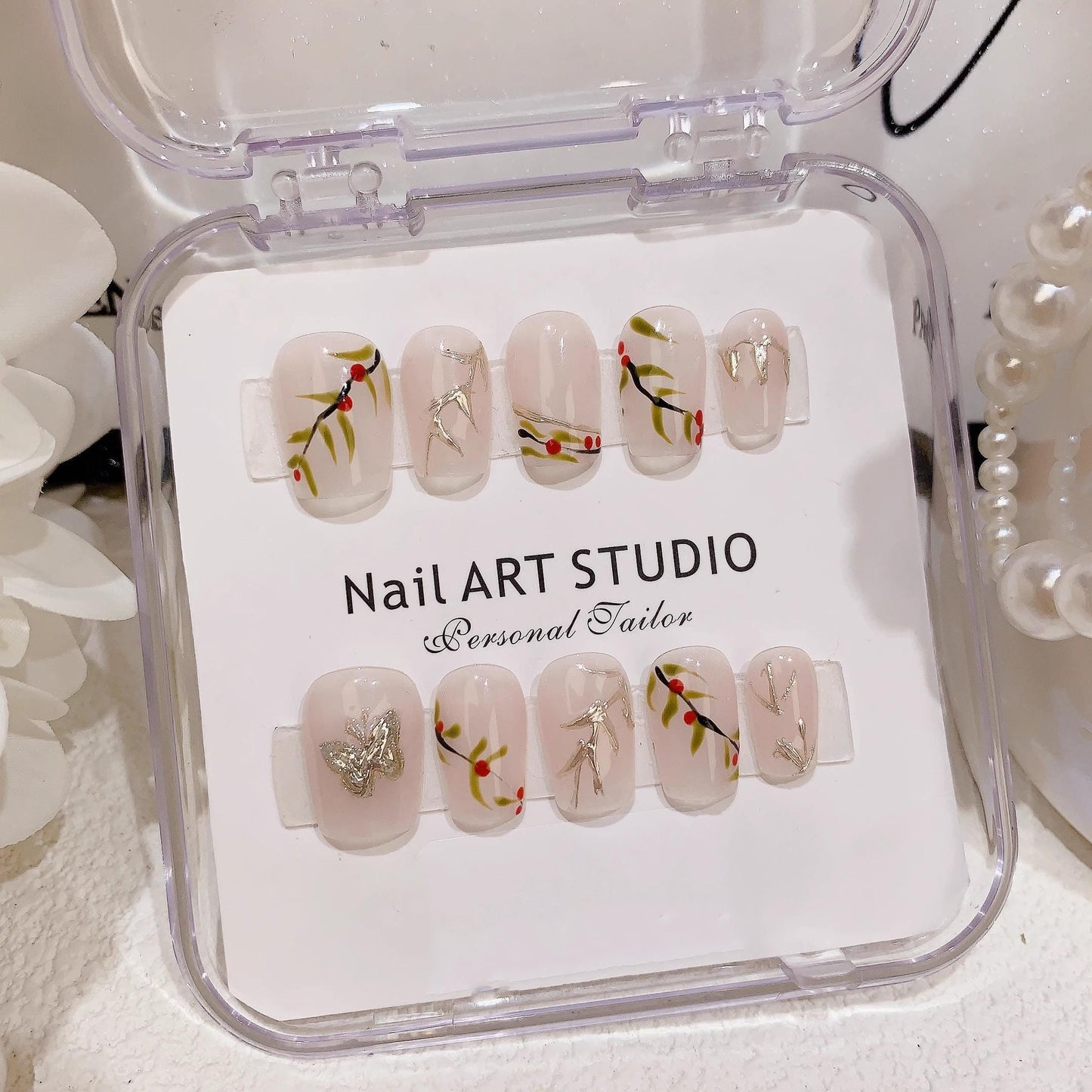 Summer nails gold brach butterfly handmade nails press on nails gel nails extra short simple nail art