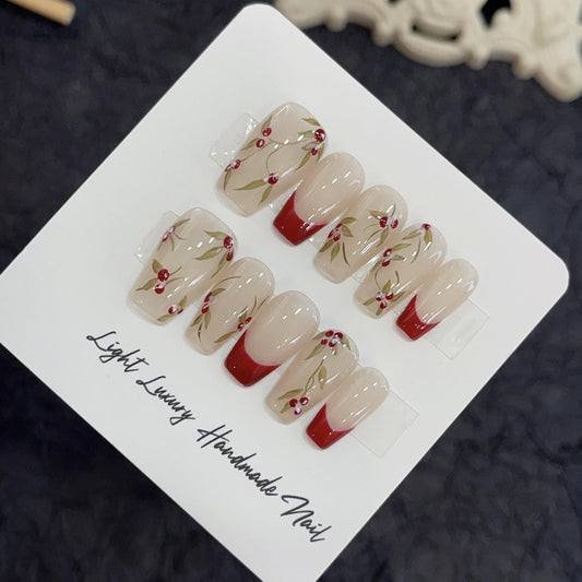 Luxury french cherry nails handmade press on nails gel nails red short coffin nails art fake nails