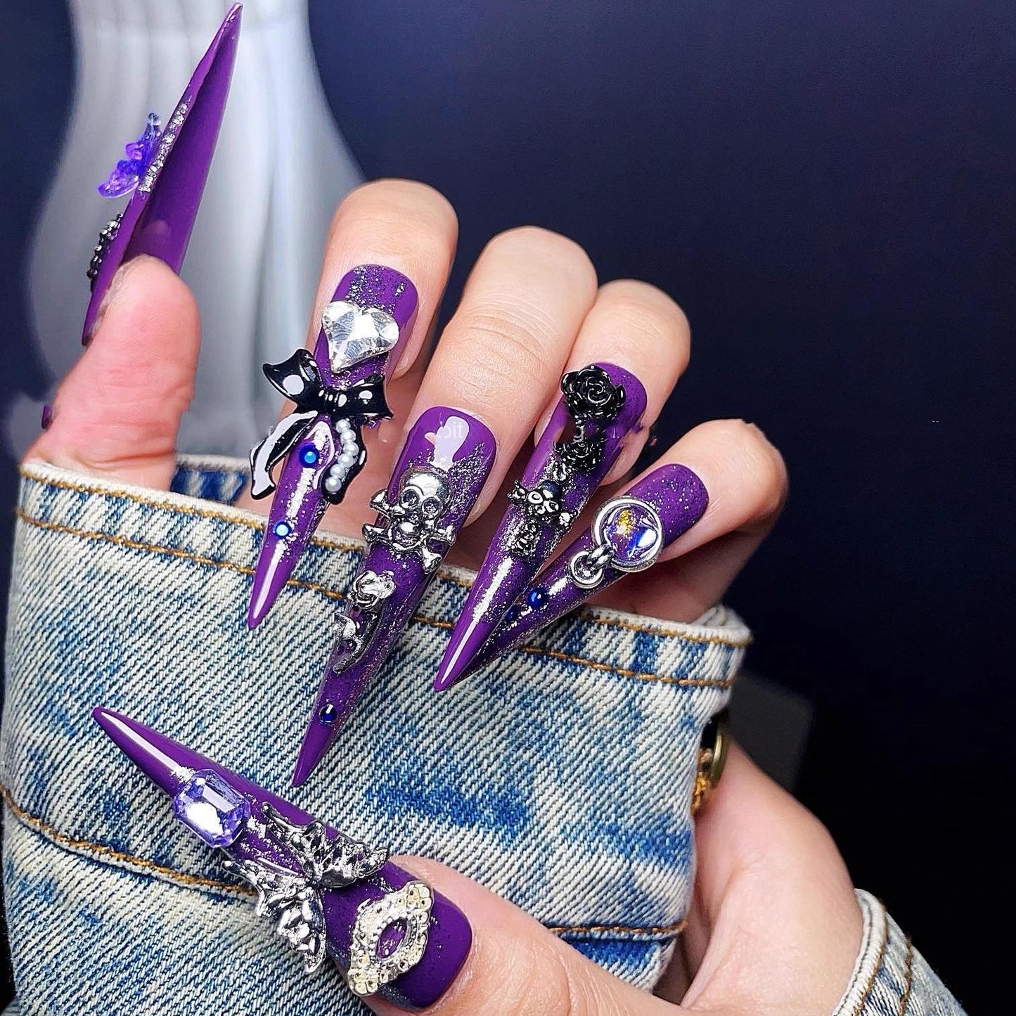 Y2K butterfly purple shinny handmade press on nails gel nails extra long stiletto skull nails trendy punk