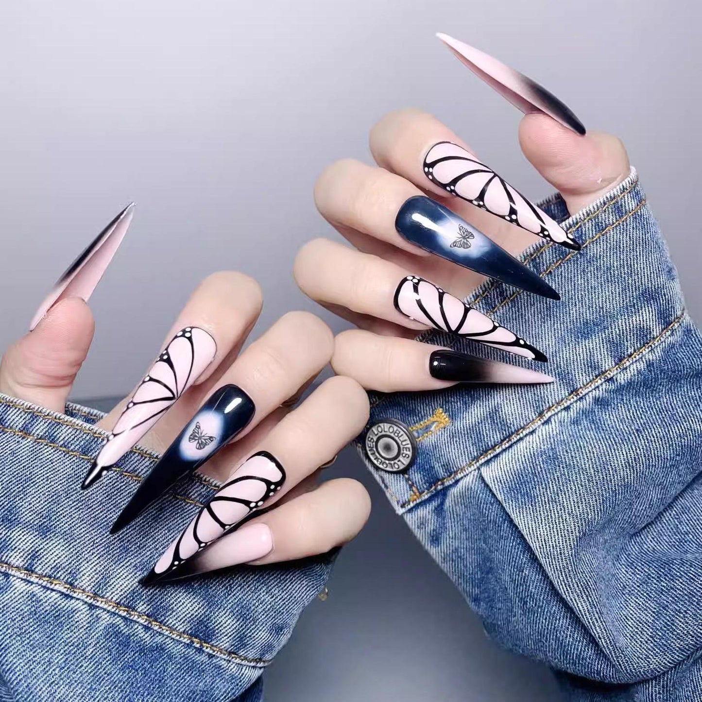 Y2K ombre black pink butterfly handmade nails press on nails gel nails cool girl extra long stiletto