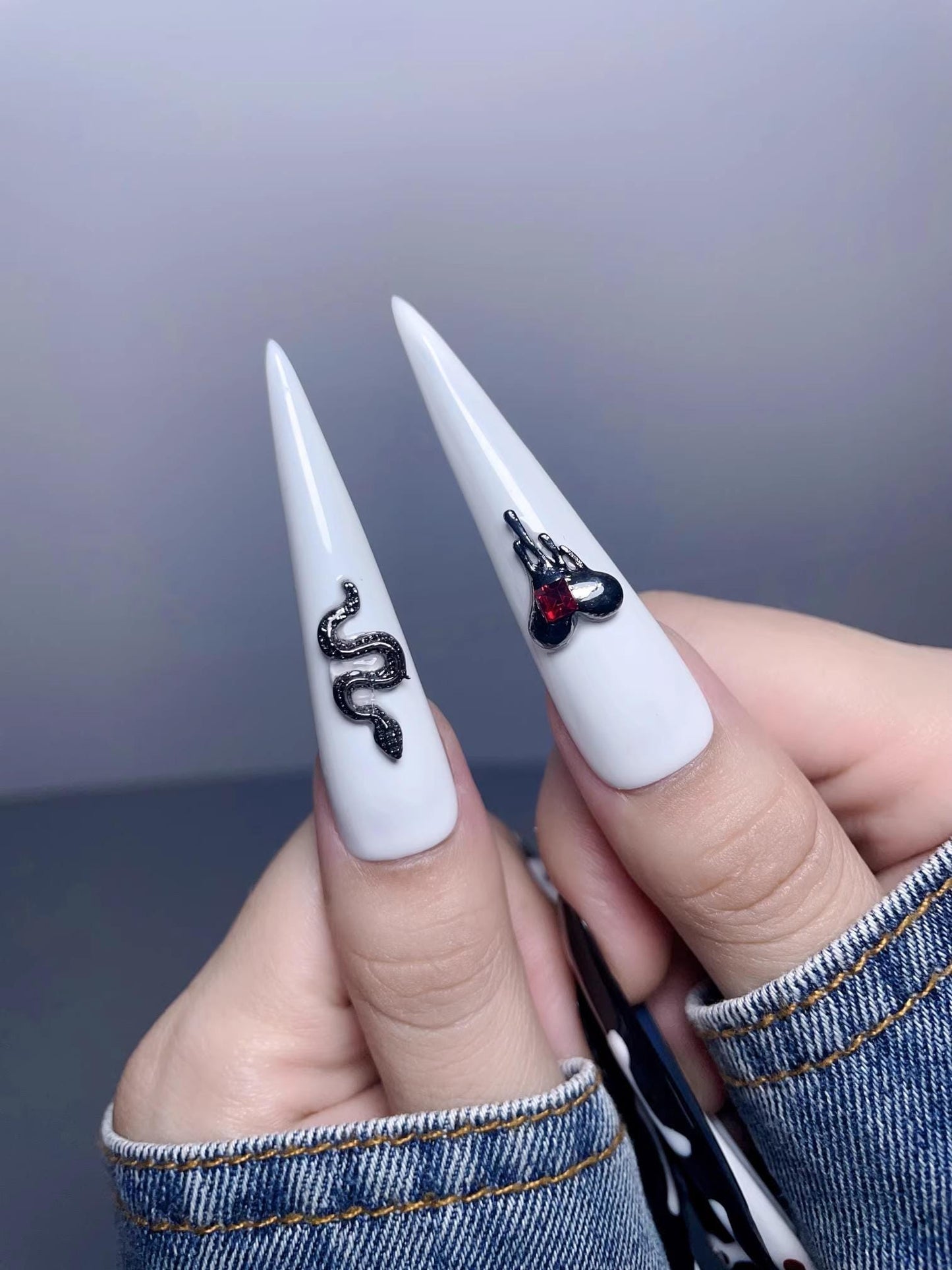 Press on nails white black halloween gel nails sanke nails extra long stiletto fake nails holiday gift for her reusable