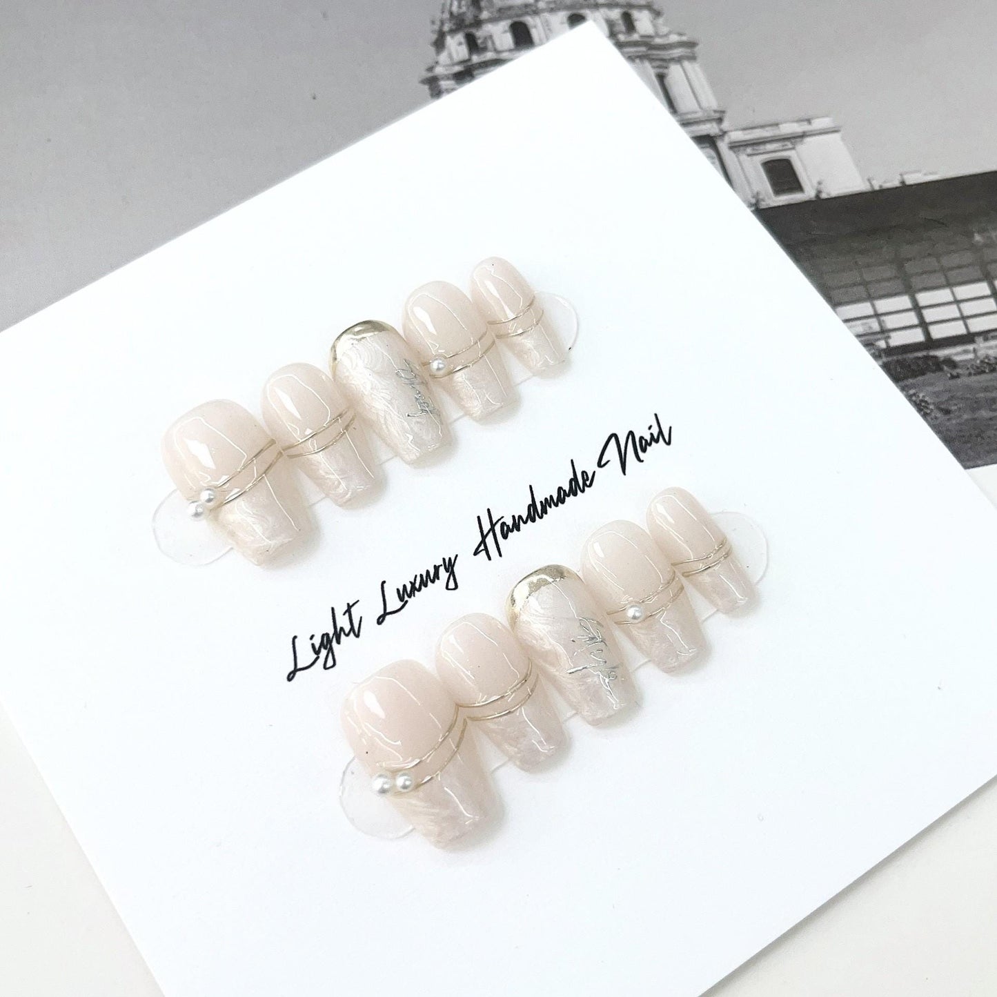 Summer nails wedding white metal gold lines pearls handmade nails press on nails gel nails short coffin nails art best gift