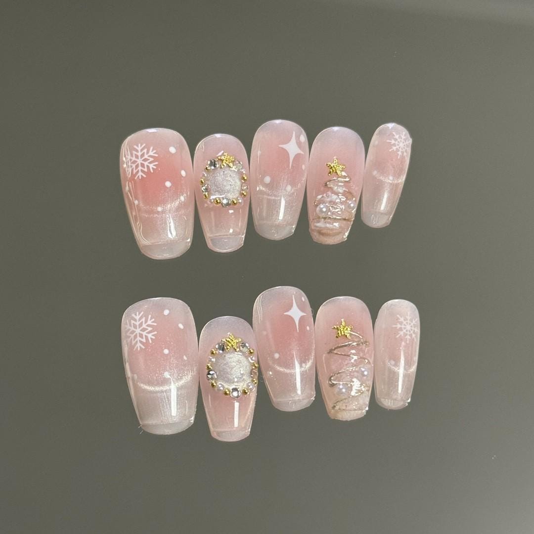 24823Christmas nails pink blusher cat eye handmade nails snowflake christmas tree glitter short coffin nails art