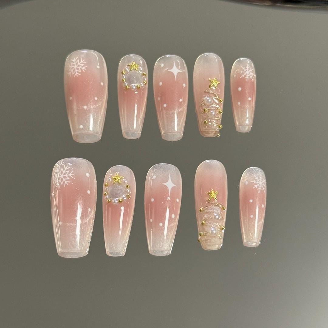 Christmas nails pink blusher cat eye handmade nails snowflake christmas tree glitter medium coffin nails art blooming nails