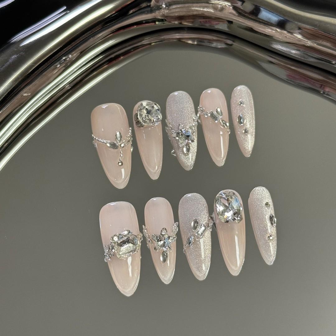 Luxury cat eye nails nude glitter handmade nails press on nails gel nails elegant long stiletto nails art