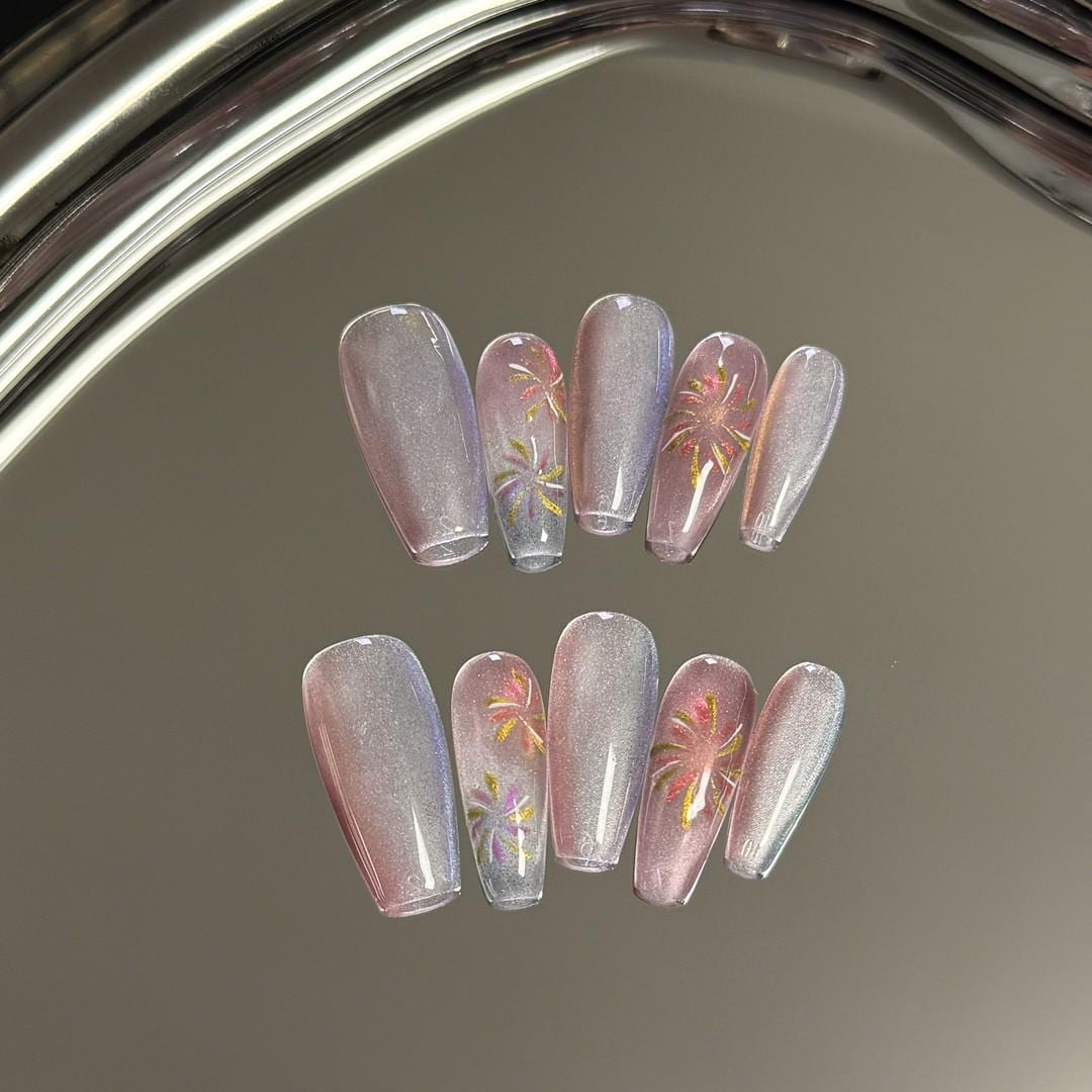 Luxury cat eye fireworks colorful handmade nails press on nails gel nails glitter shinny medium coffin nails dreamy nail