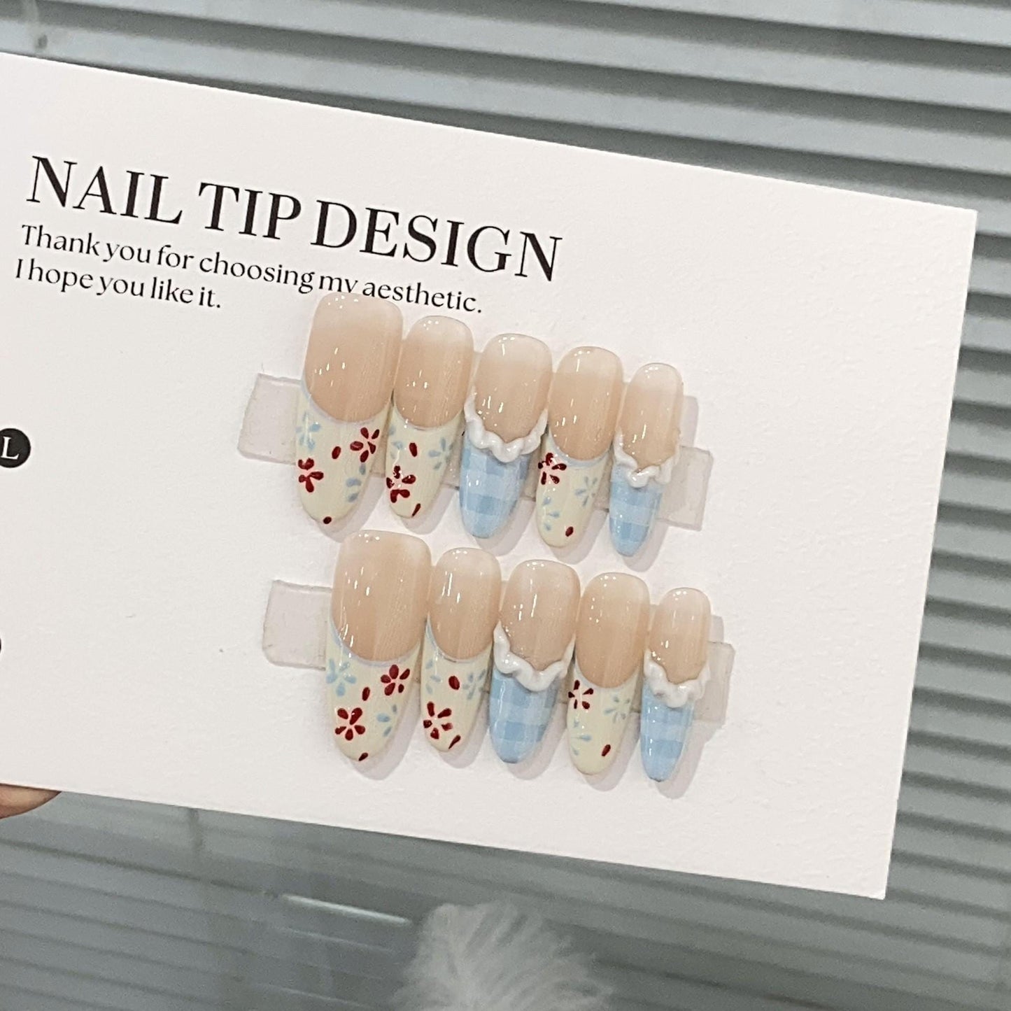 French sweety nails cream lace flower blue plaid handmade press on nails gel nails long oval