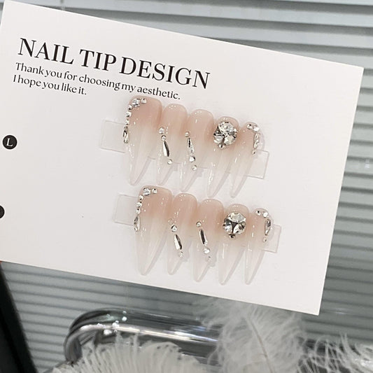 Luxury french ombre nude pink handmade press on nails gel nails rhinestone long stiletto elegant nails