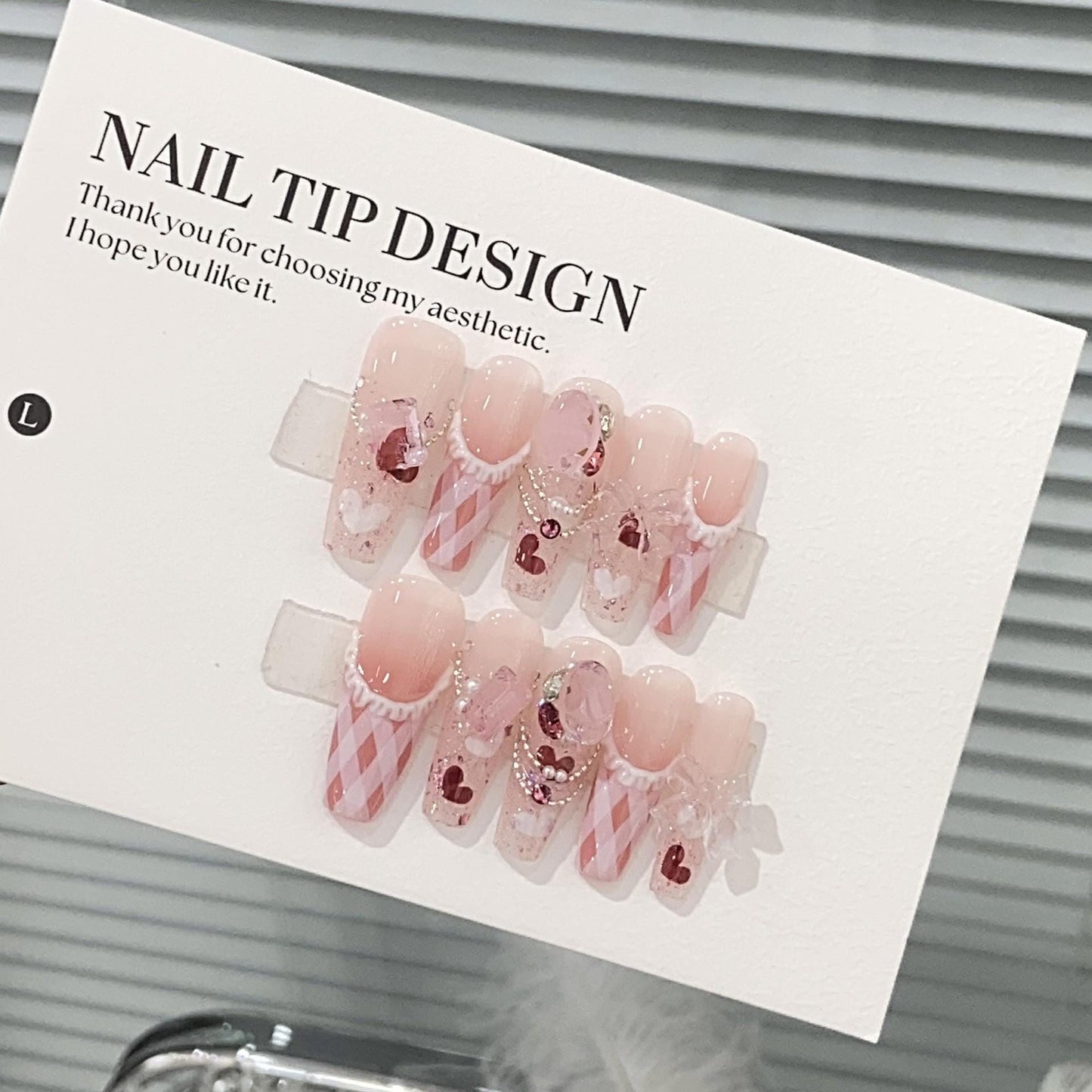 Pink plaid cream lace handmade nails bow diamond press on nails gel nails medium &long coffin