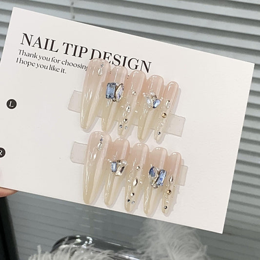 Summer ombre nails diamond handmade press on nails gel nails extra long stiletto wedding nails fake nails+free prep kit