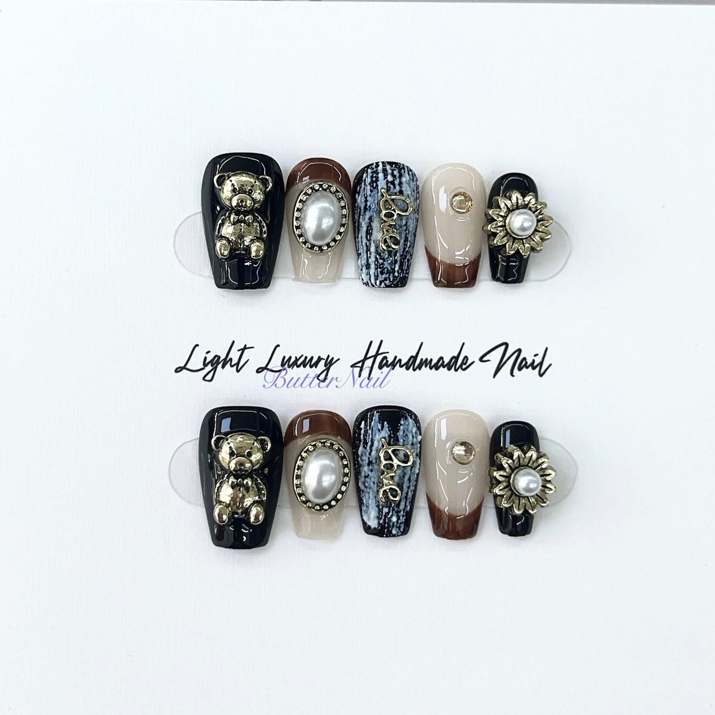 Luxury metal gold black punk bear nails sunflower handmade nails gel nails short coffin nails art flase nails y2k