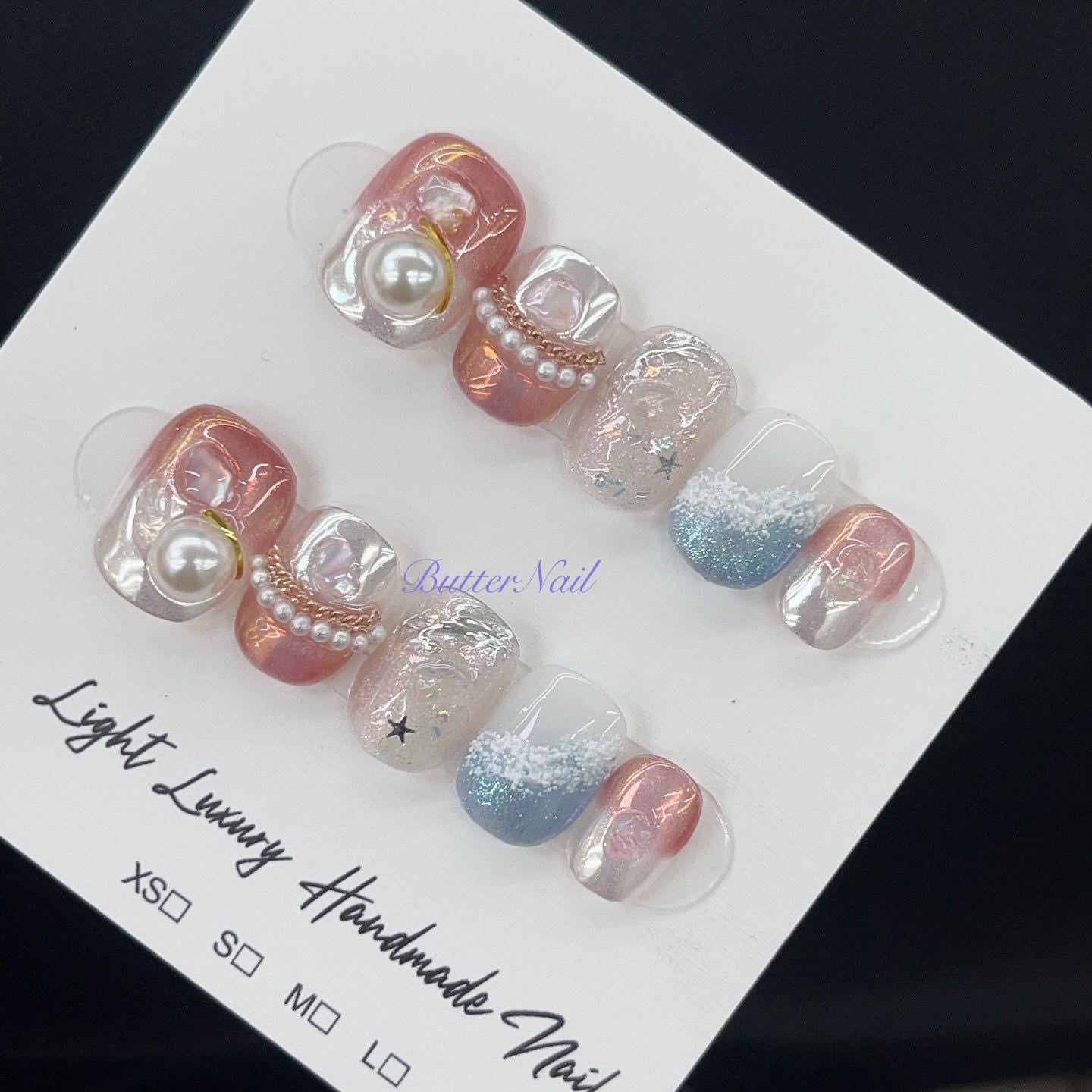 Summer nails sea wave aurora pink blue handmade nails press on nails star short square oval