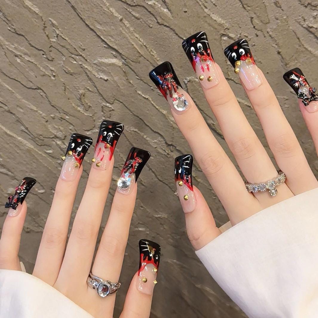 Spicy girl nails duck nails black red kitty punk gothic dark bow handmade press on nails gel nails duck shape nails