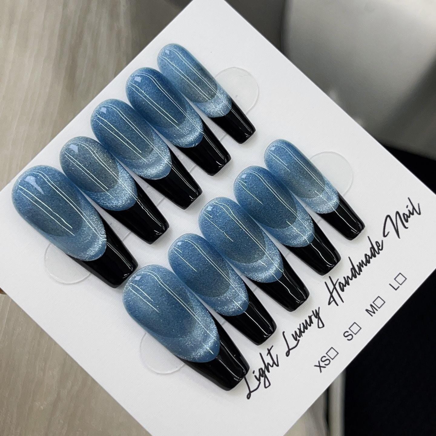 Luxury blue cat eye glitter nails handmade press on nails gel on nails long coffin nails art simple nails