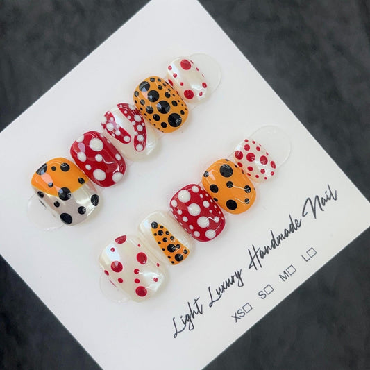 Cute ladybird red polka dot handmade press on nails gel nails orange nails short square oval cutie nails art