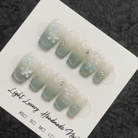 Summer nails mint green cat eye flower handmade nails press on nails gel nails short coffin nails art