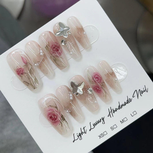 Luxury handmade rose flower blooming nails pearls butterfly press on nails gel nails long coffin delicate fake nails