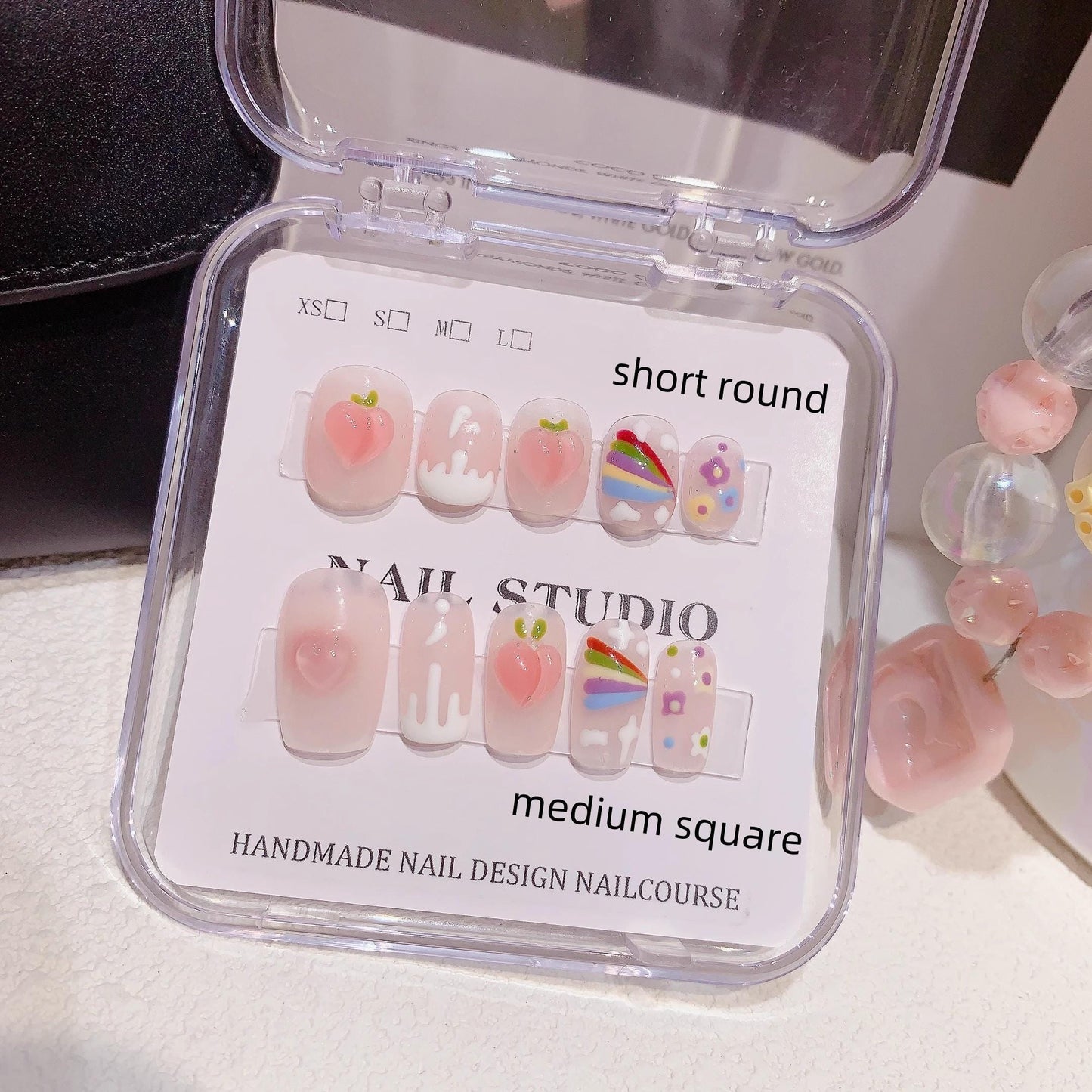 Press on nails handmade gel nails summer rainbow peach fake nails short rounded nails art medium square