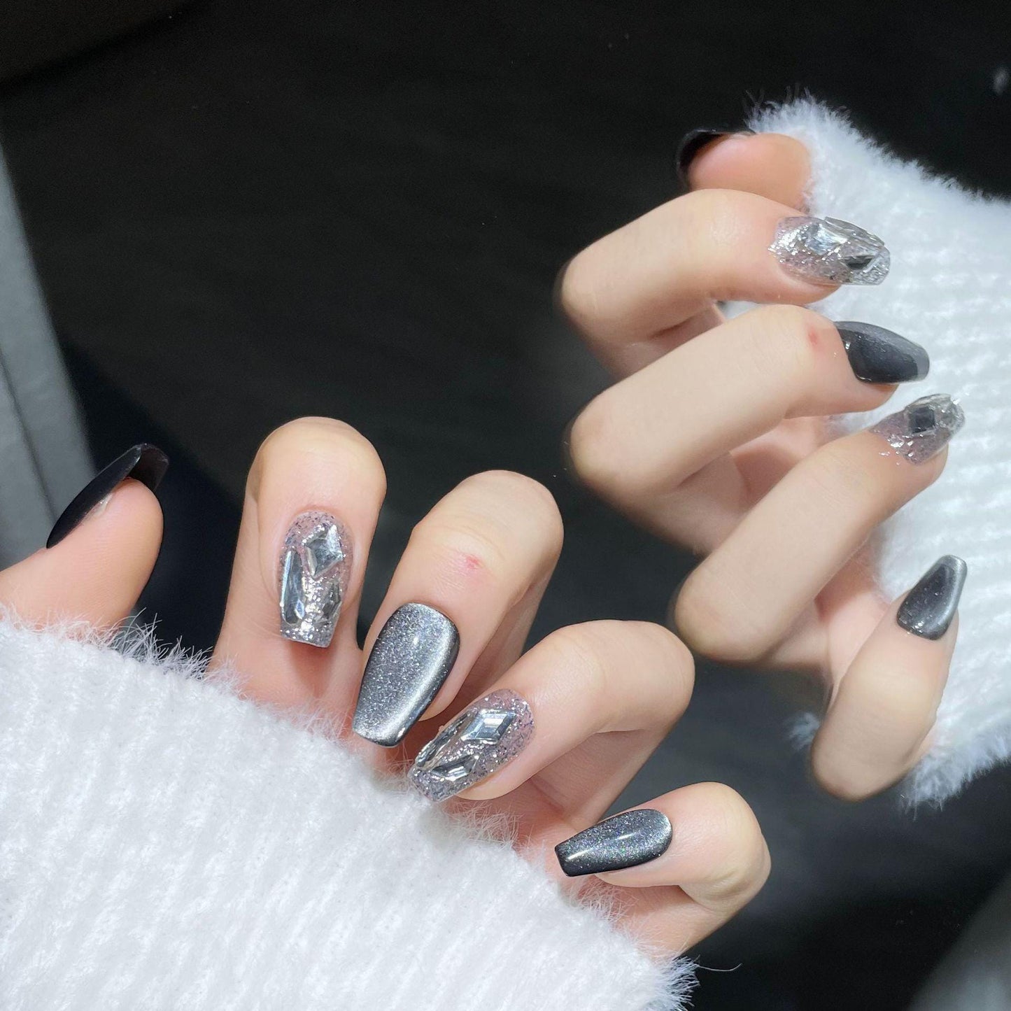 Luxury black starry sky cat eye glitter nails handmade diamond press on nails gel nails extra short&short coffin