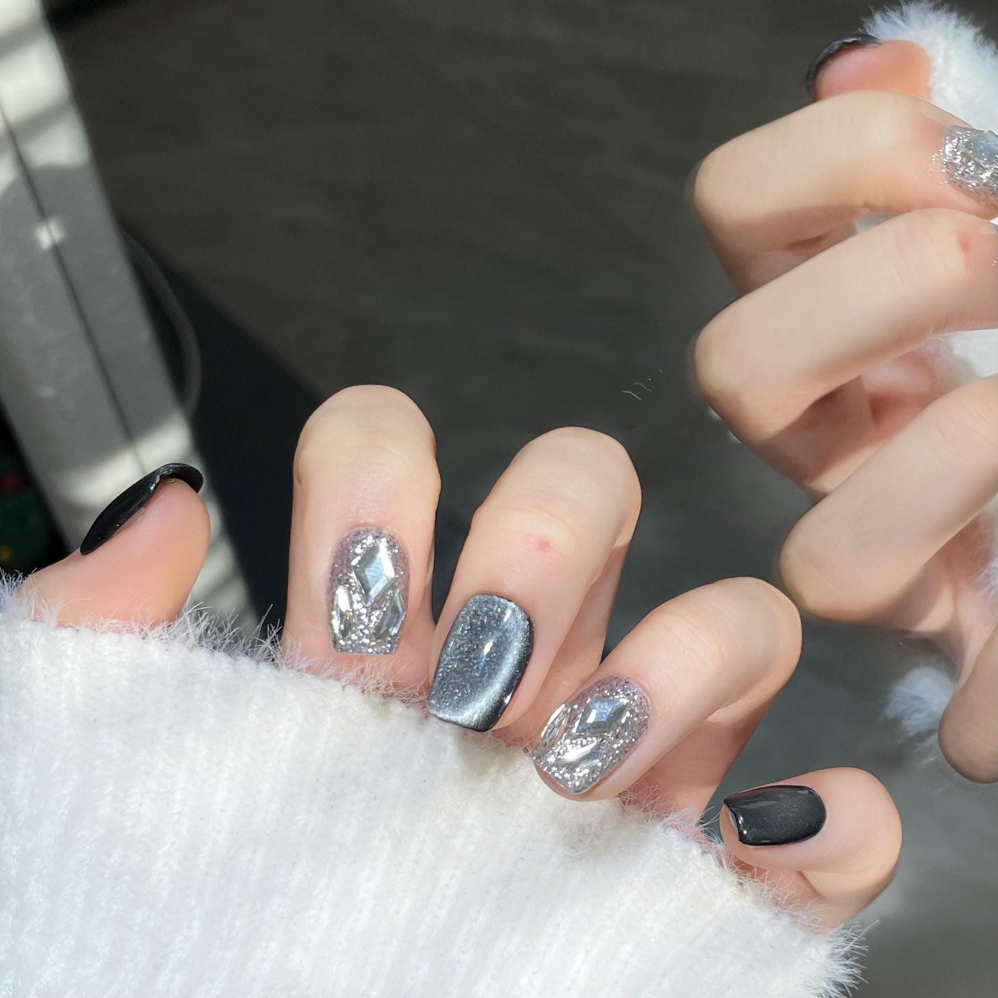 Luxury black starry sky cat eye glitter nails handmade diamond press on nails gel nails extra short&short coffin