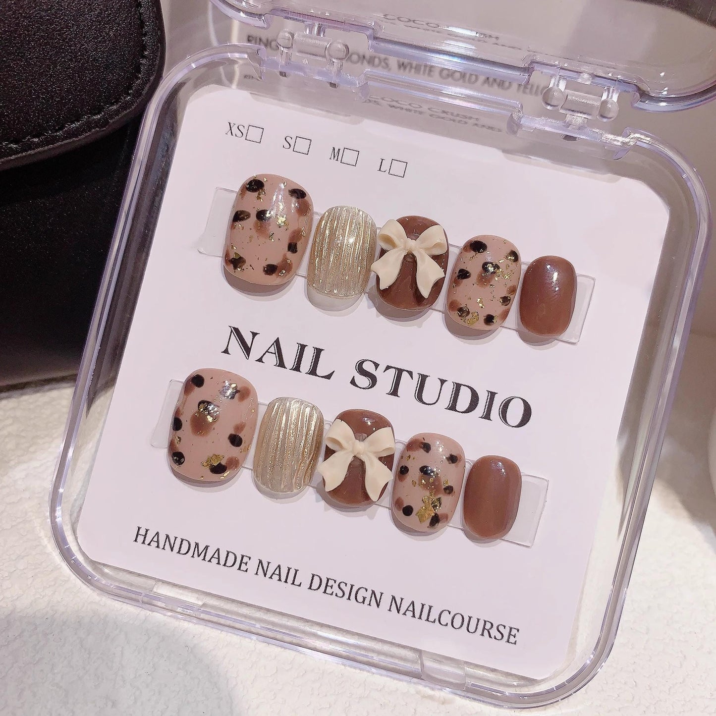 Press on nails coffee leopard print handmade gel nails 3D bowtie gold shinny short rounded nail art