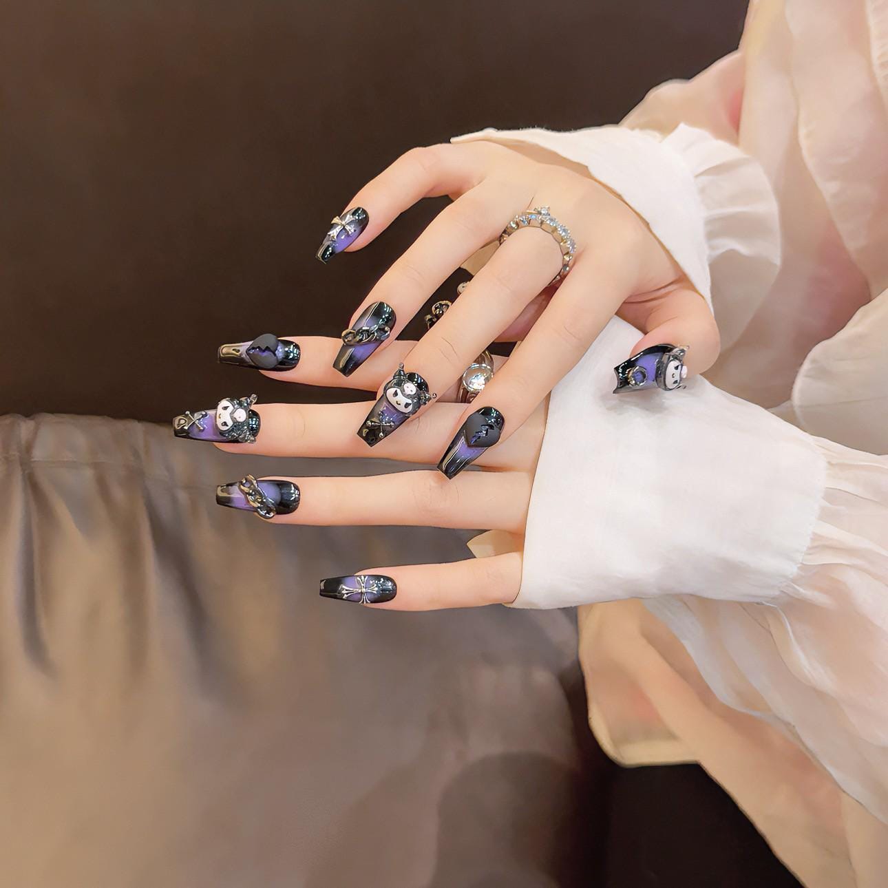 Luxury kuromi dark black handmade nails purple cross heart punk gothic press on nails gel nails medium coffin