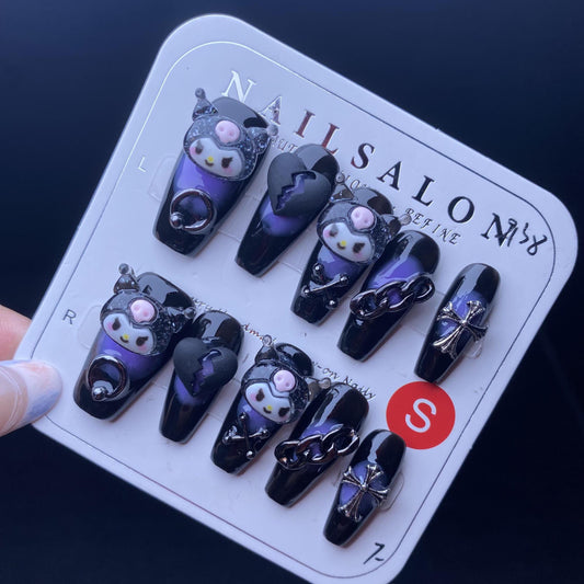 Luxury kuromi dark black handmade nails purple cross heart punk gothic press on nails gel nails medium coffin