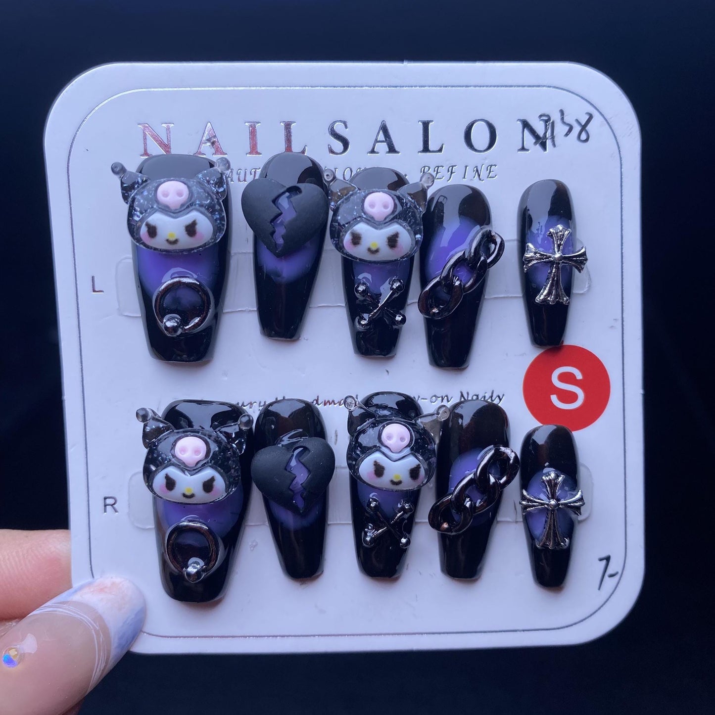 Luxury kuromi dark black handmade nails purple cross heart punk gothic press on nails gel nails medium coffin