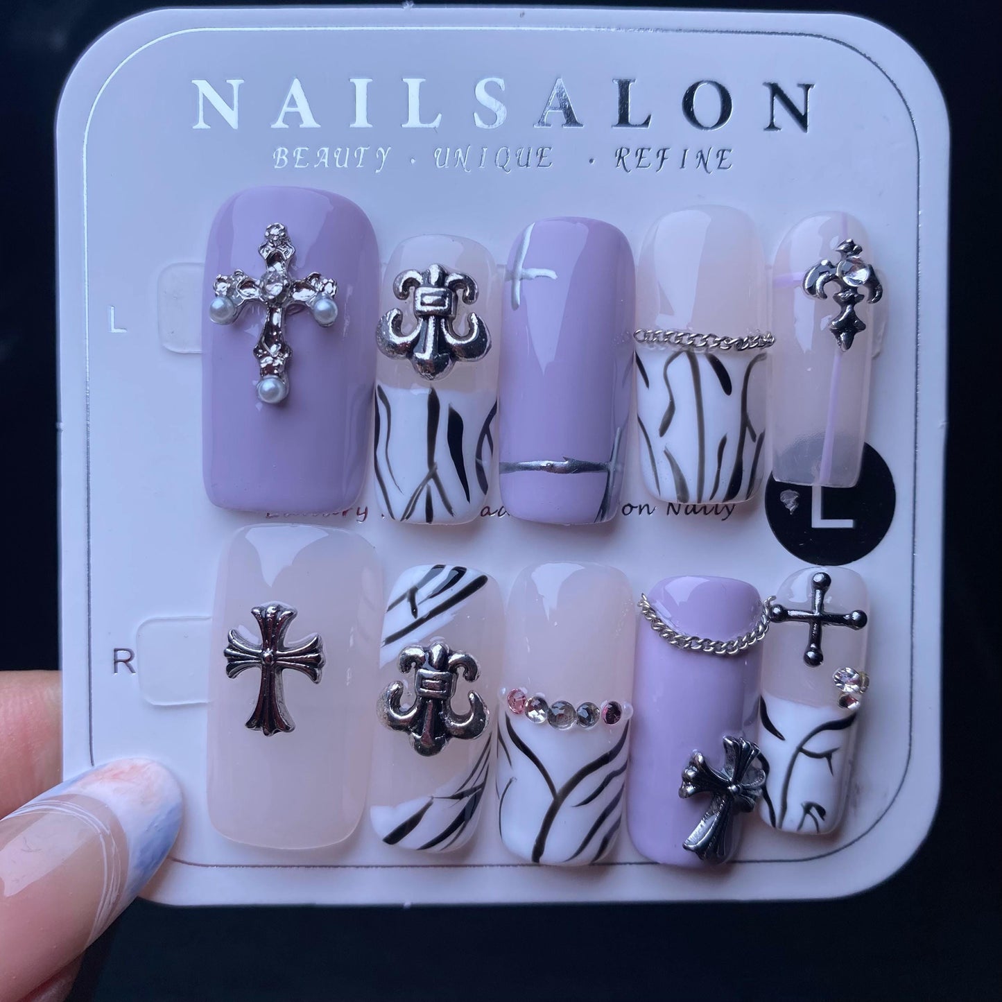 Luxury y2k purple handmade nails zebra print cross gothic punk rock fake nails press on nails gel nails trendy glue on nails square nails