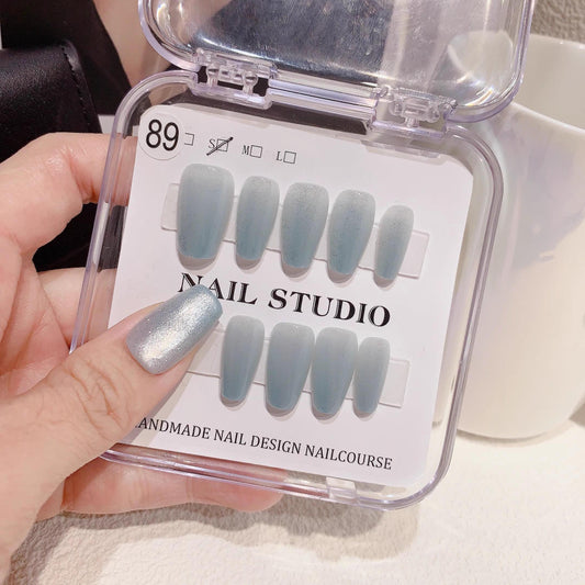 Luxury icy blue cat eye nails simple handmade press on nails gel nails short coffin summer nails holiday