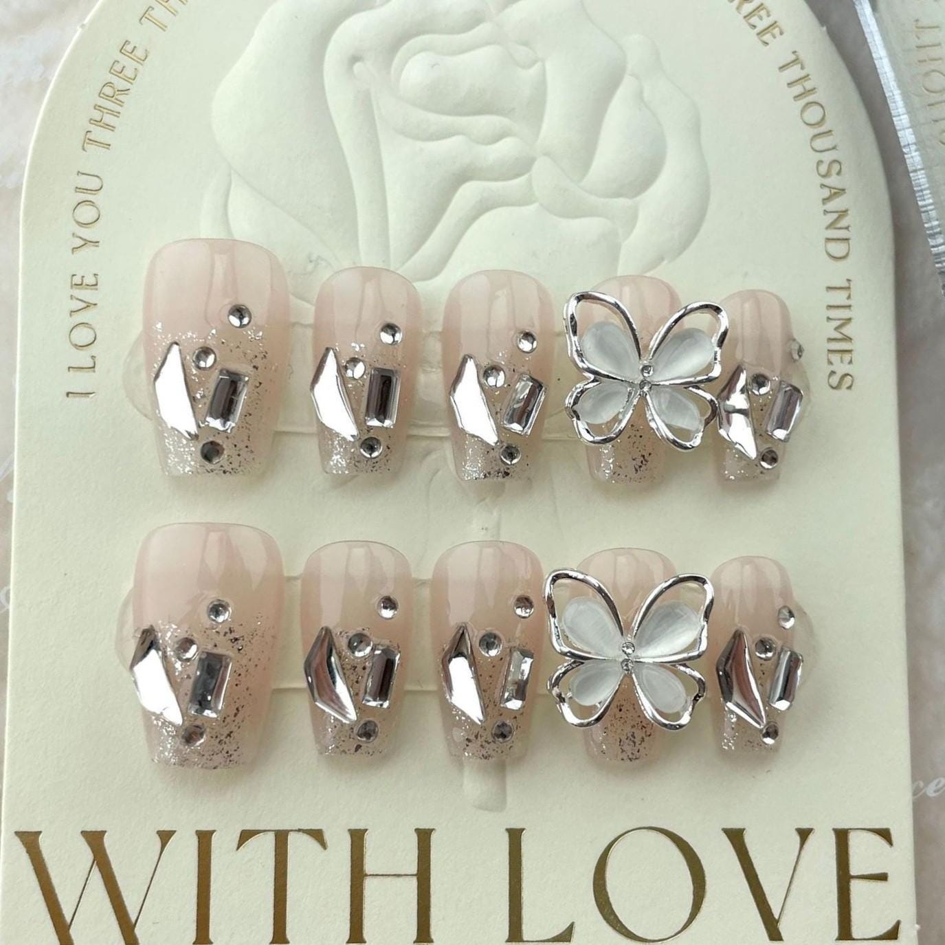 Luxury 3D butterfly sparkle nude nails handmade press on nails diamond gel nails coffin short&long nails art