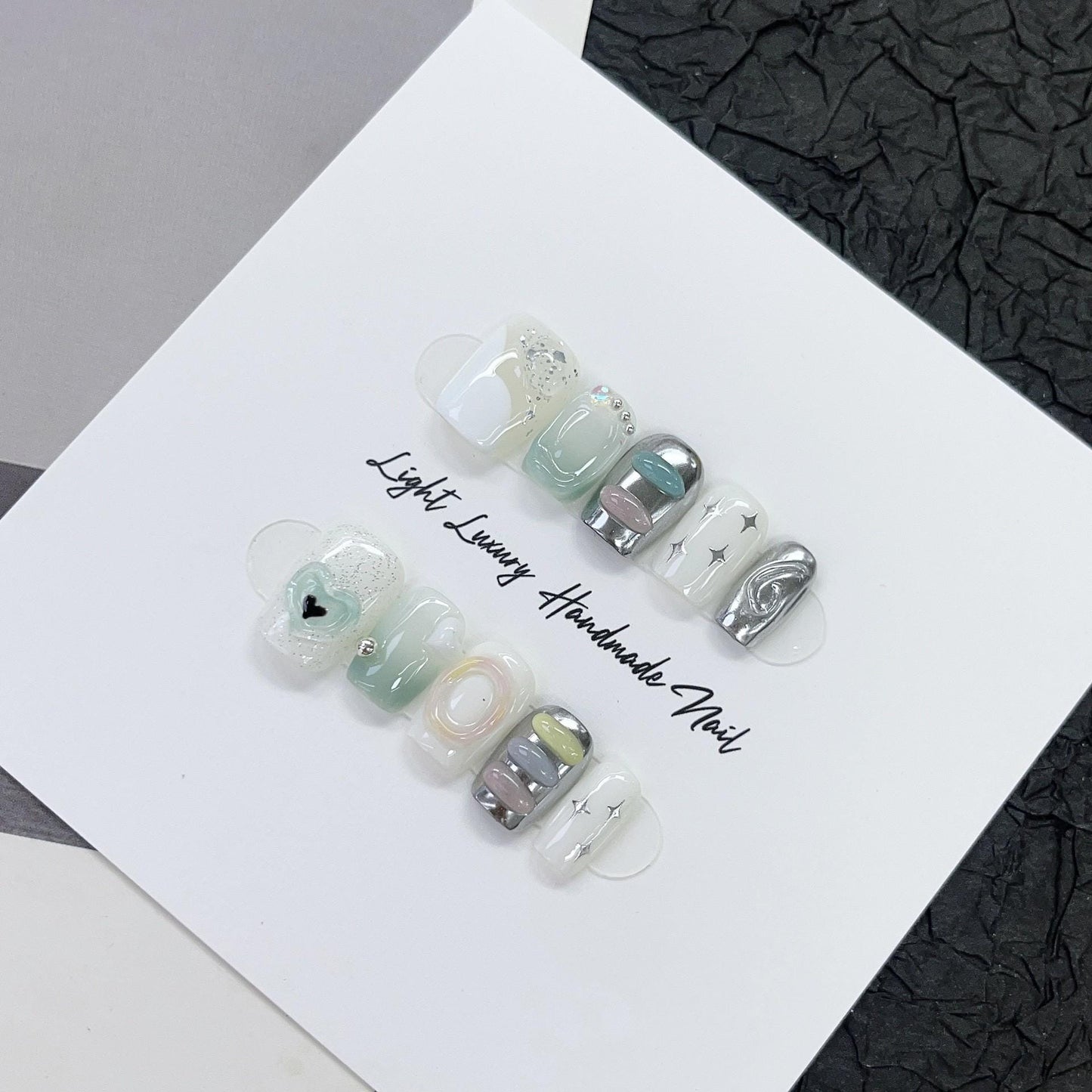 Luxury green white metal silver handmade nails press on nails gel nails extra short summer nail