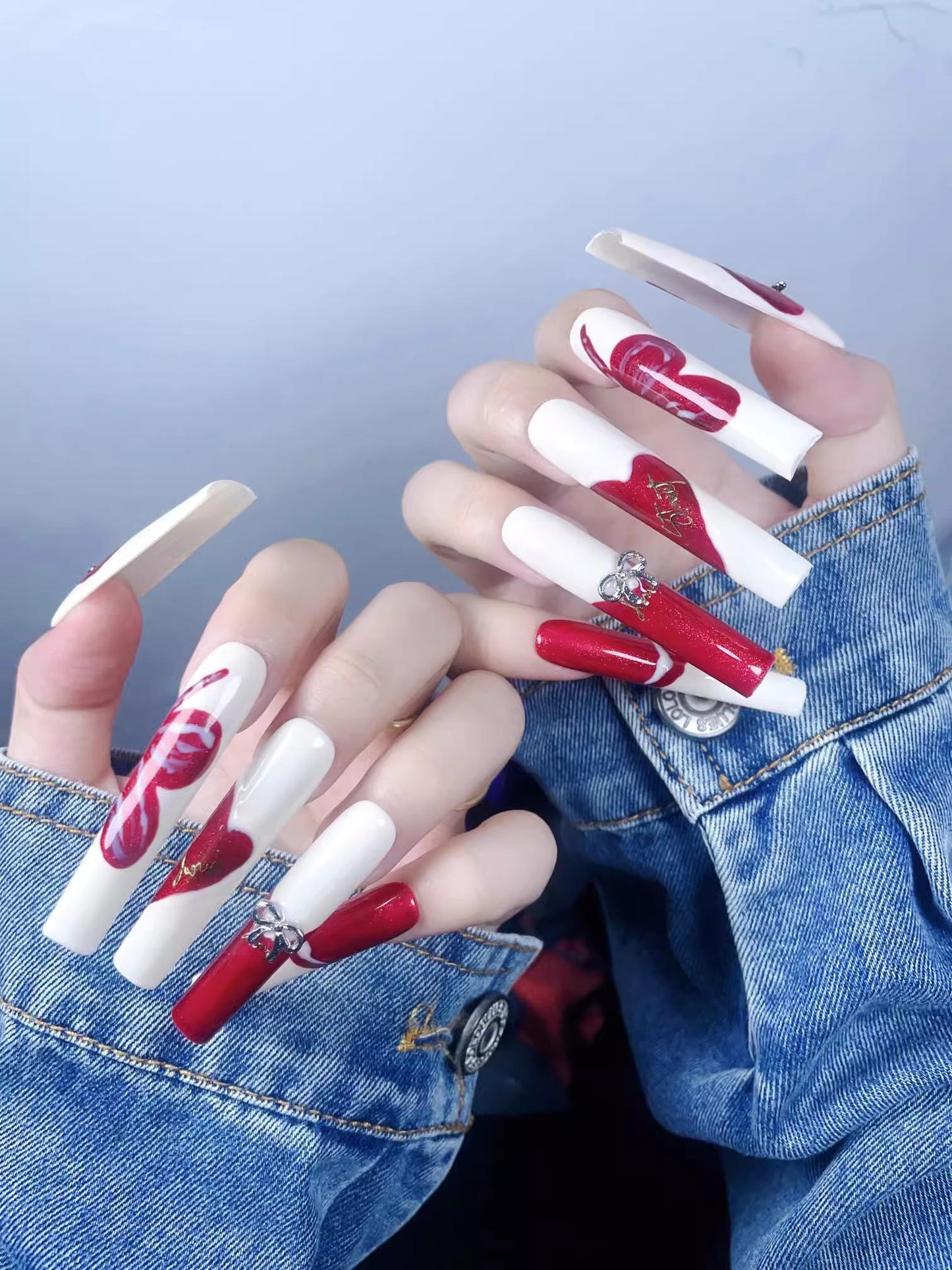 Luxury handmade nails white red butterfly hottie press on nails gel nails extra long square nails reusable