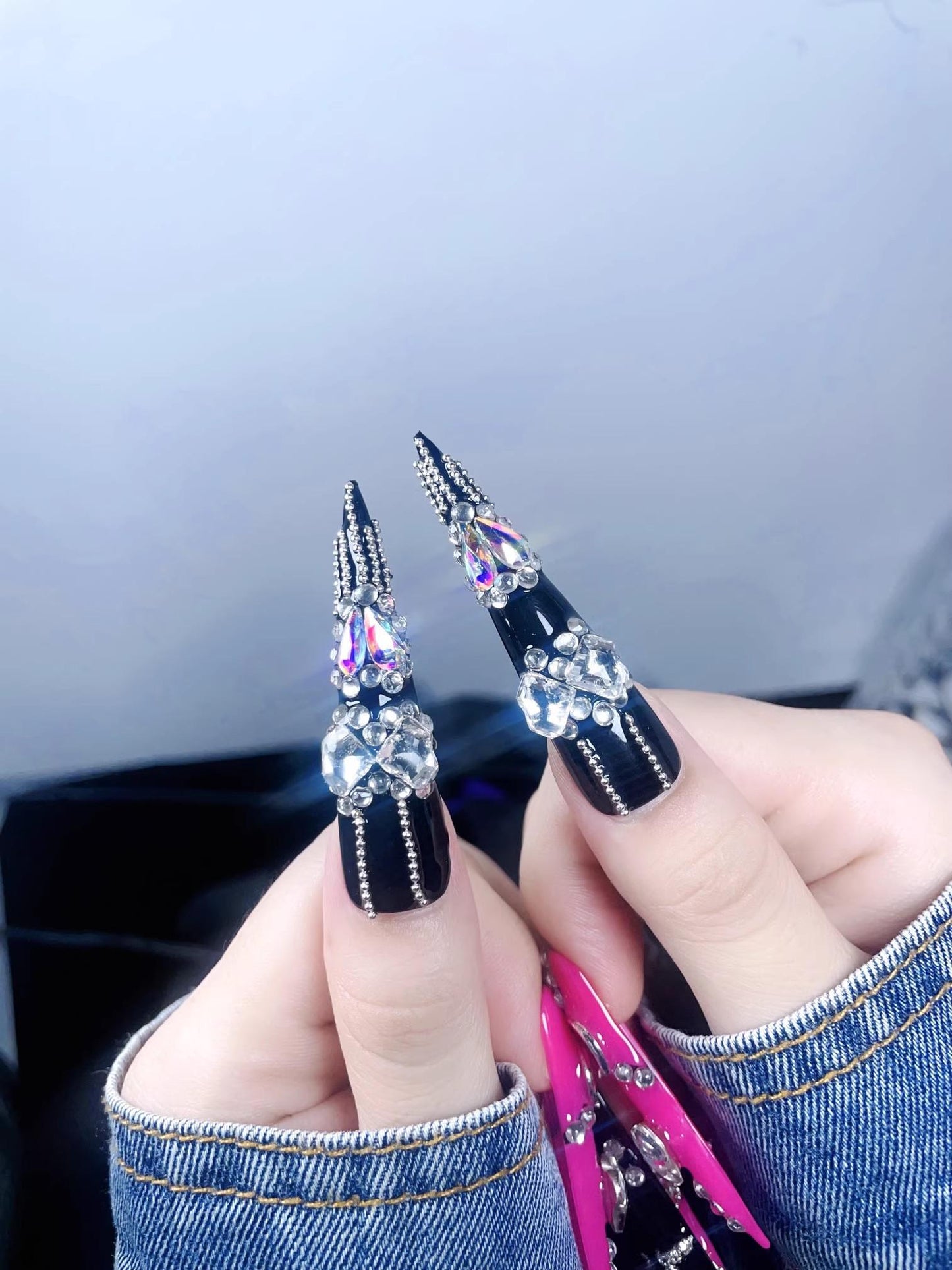 Luxury handmade nails black pink barbie pink Y2K diamond extra long stiletto hottie cool resuable nails