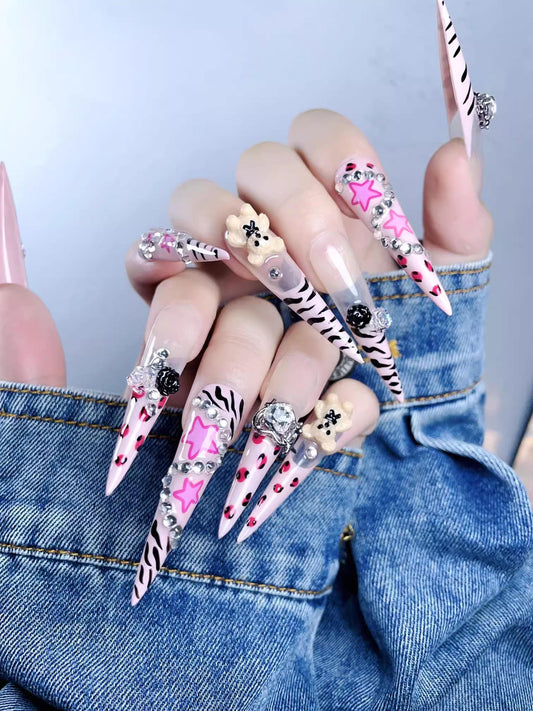 Luxury handmade nails leopard print pink nails star bear press on nails gel nails extra long stiletto y2k sweety trendy nail