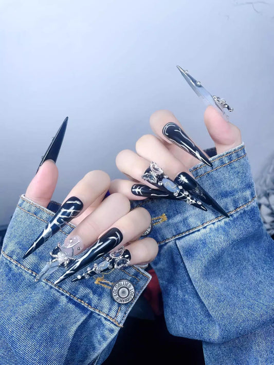 Luxury black handmade nails butterfly press on nails gel nails extra long stiletto gothic glue on nails metal silver