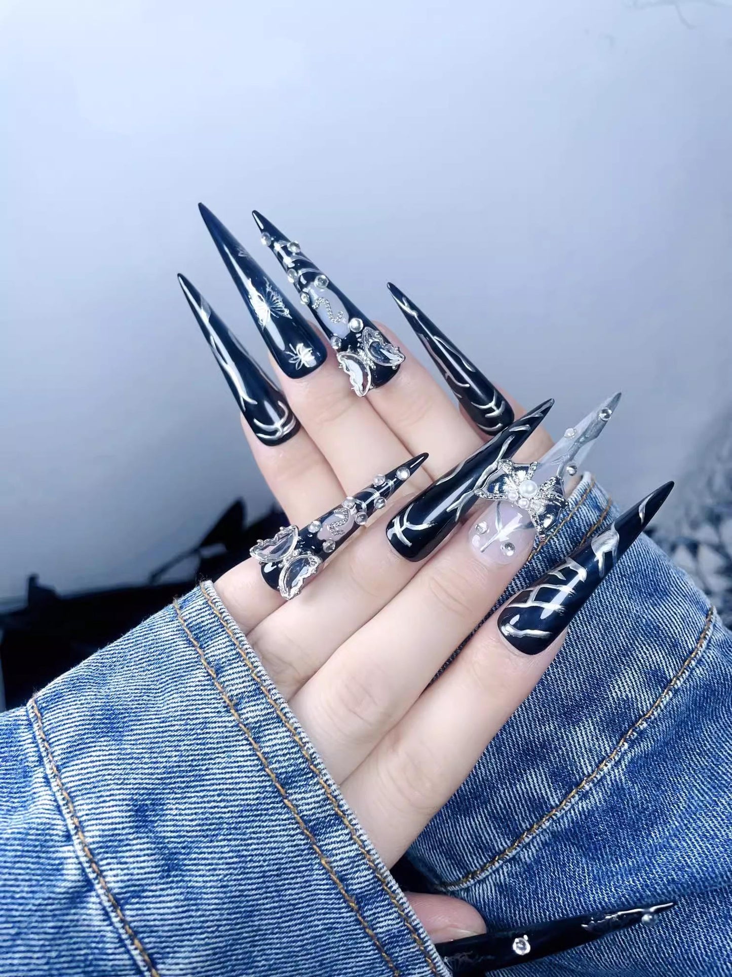 Luxury black handmade nails butterfly press on nails gel nails extra long stiletto gothic glue on nails metal silver