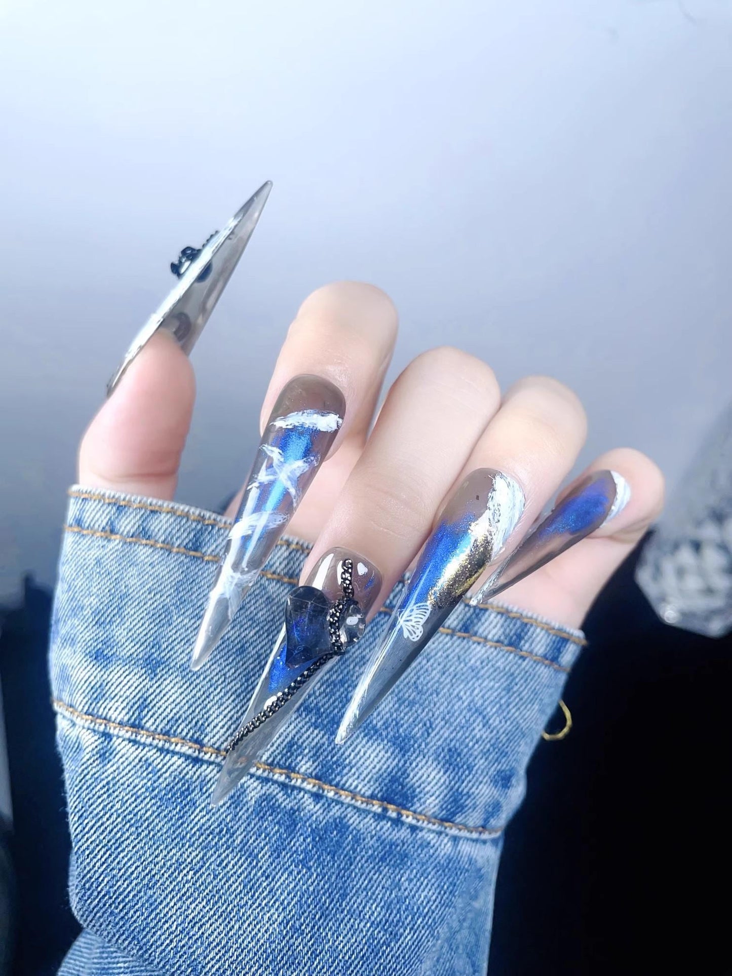 Reusable blue handmade nails punk nails with chains black flower press on nails gel nails extra long stiletto