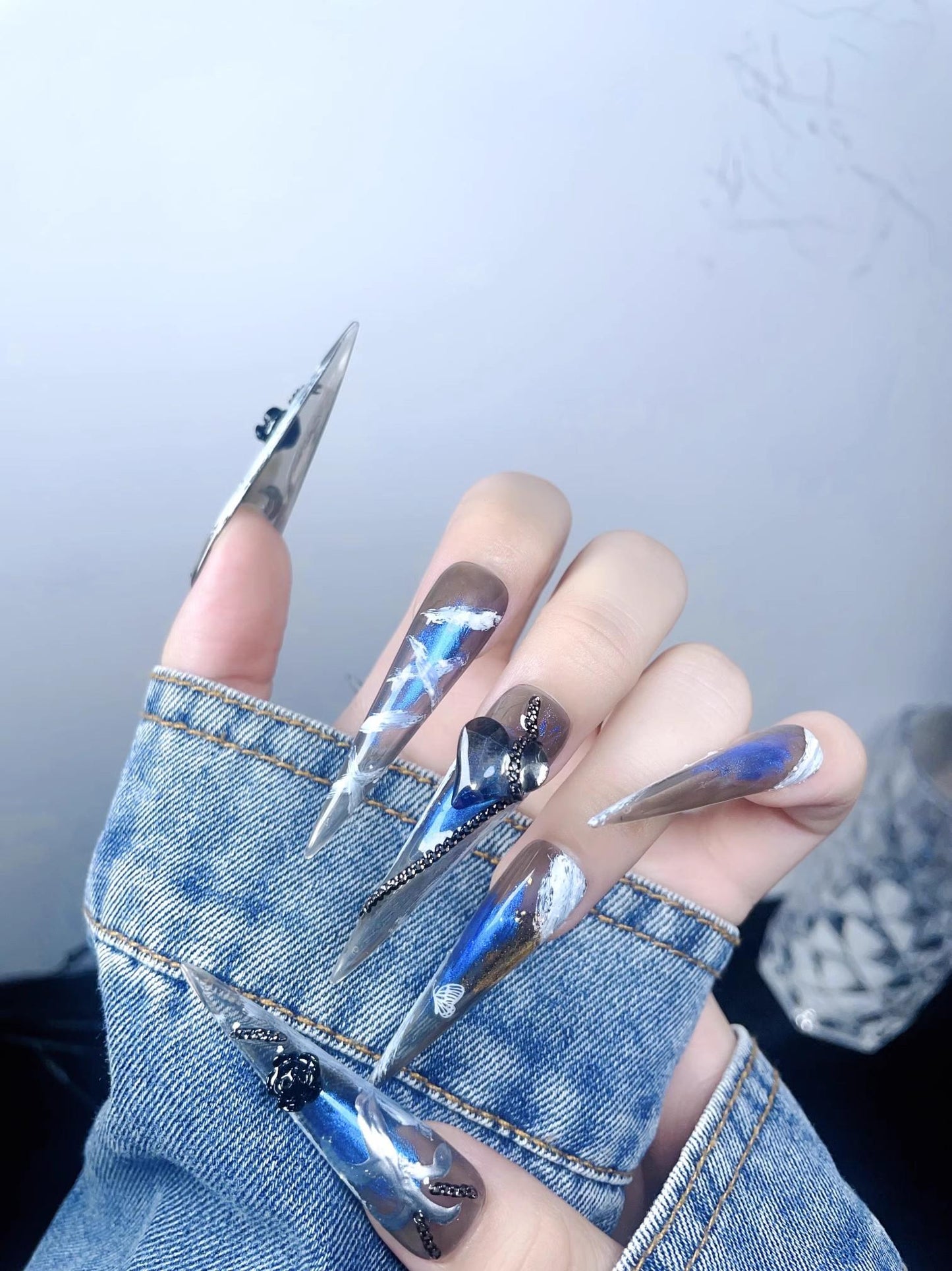 Reusable blue handmade nails punk nails with chains black flower press on nails gel nails extra long stiletto