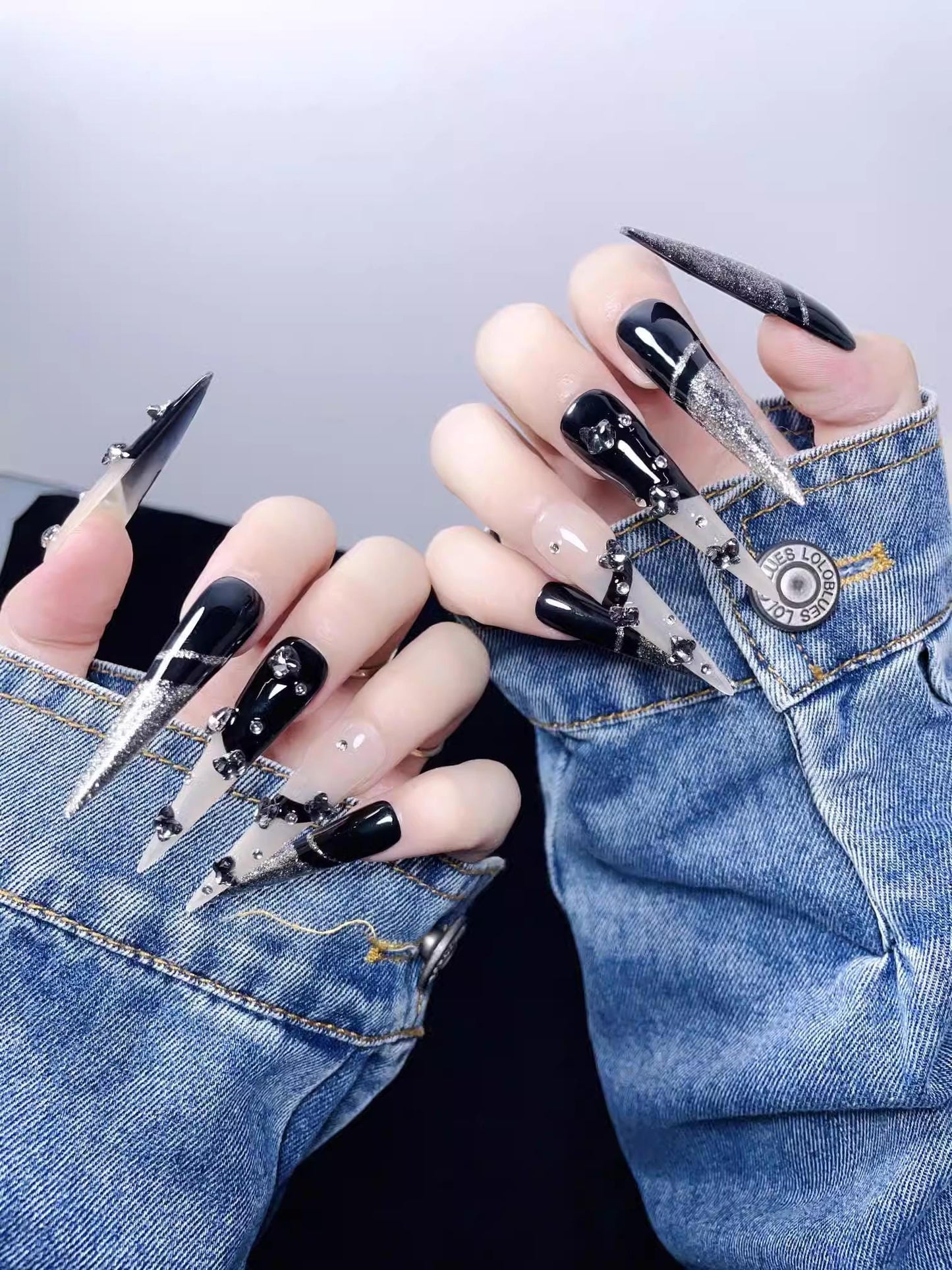 Dark black handmade nails rhinestone butterfly press on nails gel nails extra long stiletto cool nails Y2K gift for her