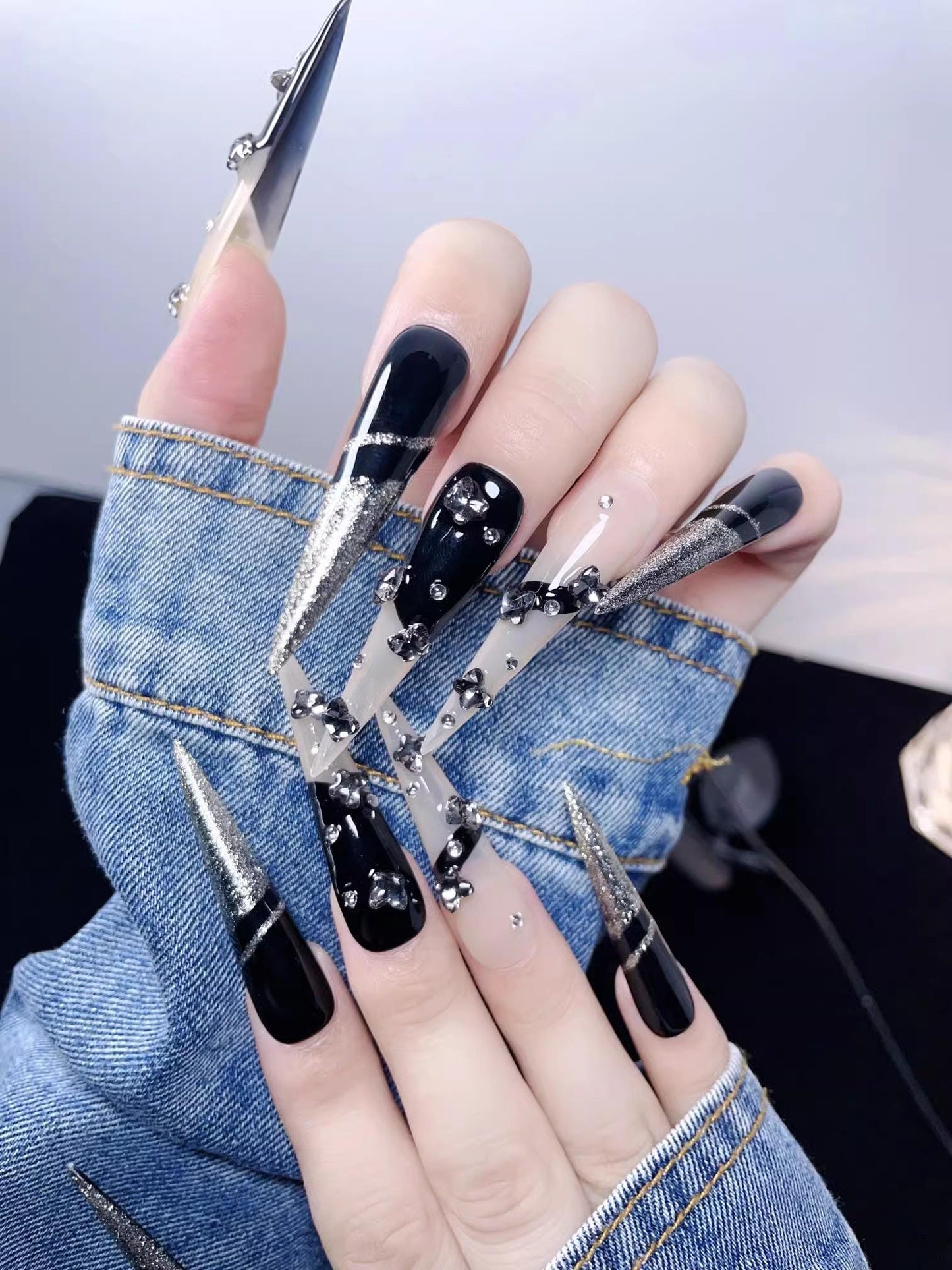 Dark black handmade nails rhinestone butterfly press on nails gel nails extra long stiletto cool nails Y2K gift for her