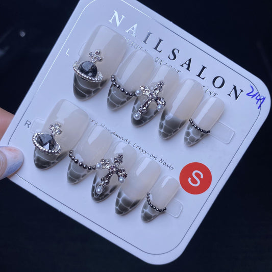 Luxury alligator print handmade nails planet cross press on nails gel nails short oval trendy fake nails