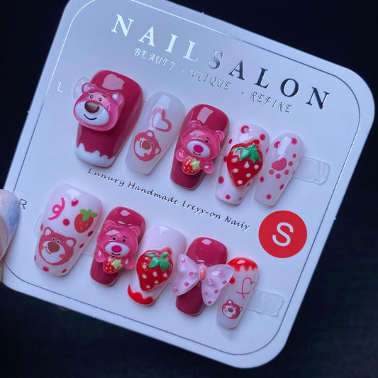 Luxury handmade nails cartoon Lotso press on nails gel nails strawberry short coffin red polka dot cutie