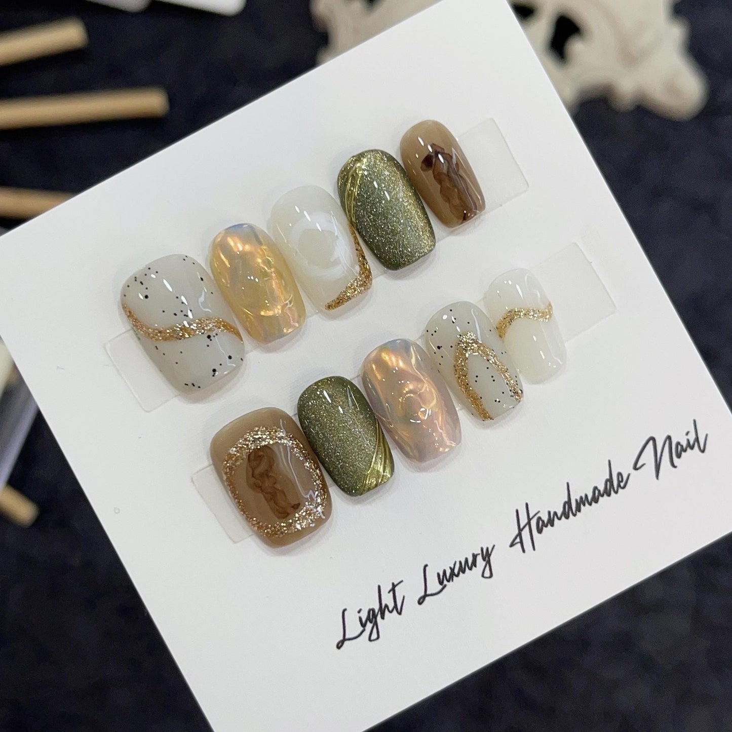 Luxury gold quicksand aurora green cat eye handmade press on nails gel nails extra short coffin fake nails